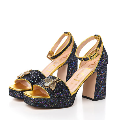 Gucci Glitter Soko Bee Platform Mid Heel Sandals 38 Notte Oro Multicolor 3 of 11
