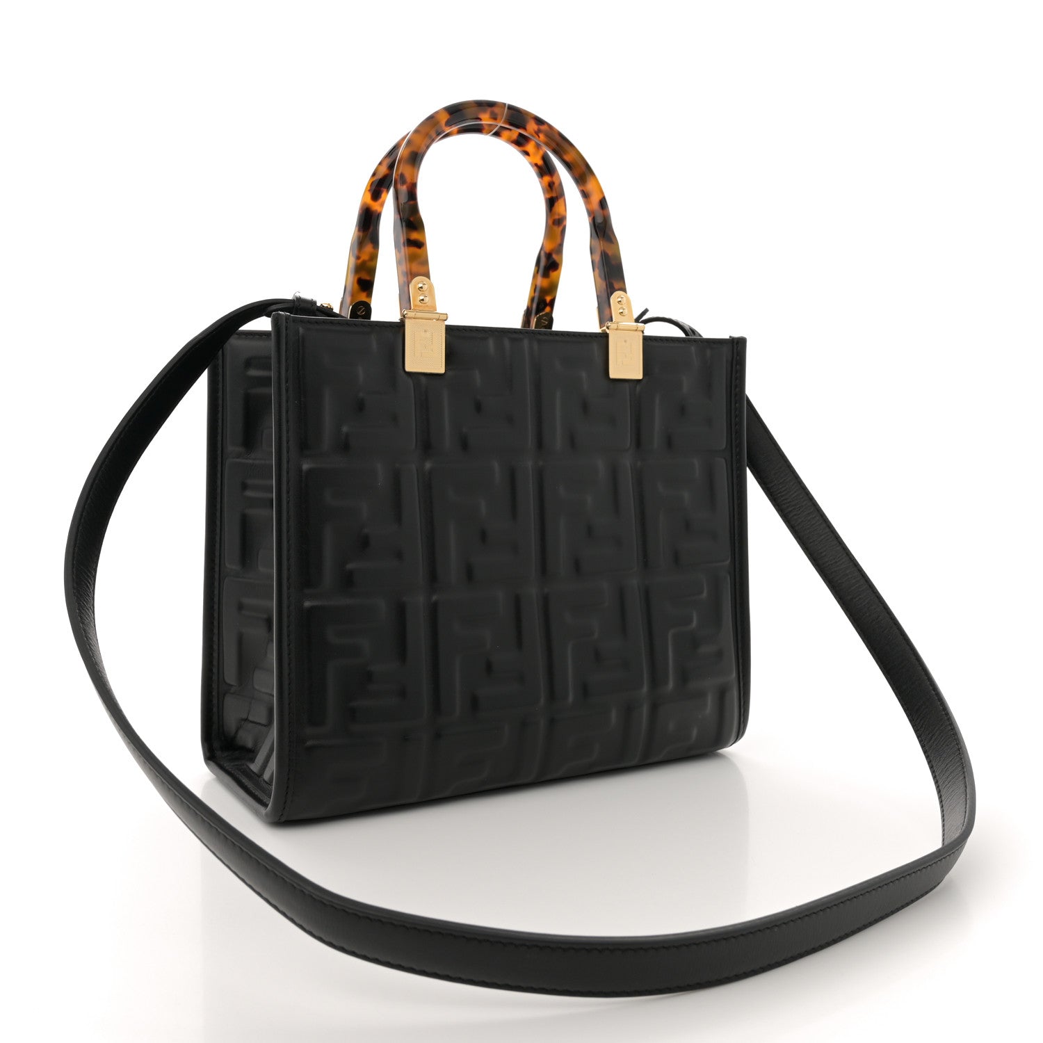 Fendi Vitello Plexiglass FF Embossed Small Fendi Sunshine Shopper Tote Black 3 of 10