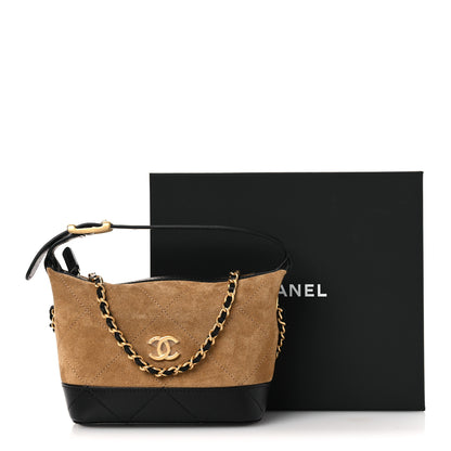 Chanel Suede Calfskin Shiny Lambskin Quilted Coco Base Hobo Clutch With Chain Beige Black 12 of 12
