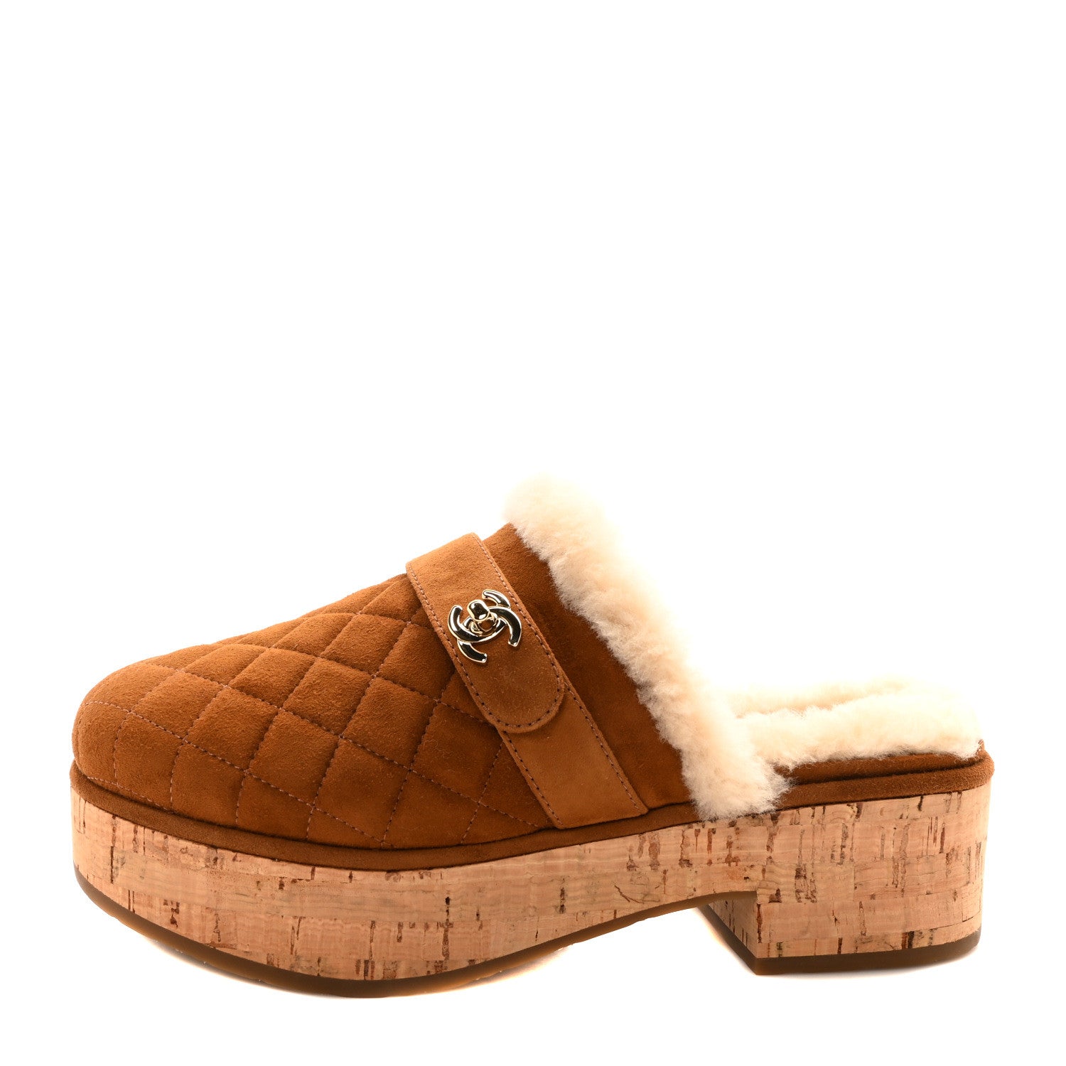 Chanel Suede Calfskin Shearling Turn Lock Clogs 37 Brown 1 of 9