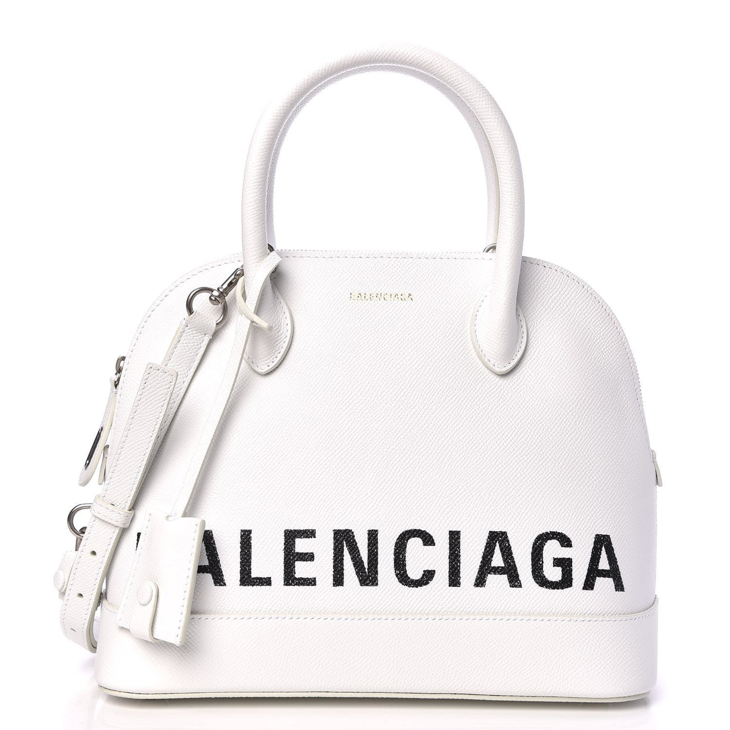 Signature Grained Calfskin Logo S Ville Top Handle Bag White