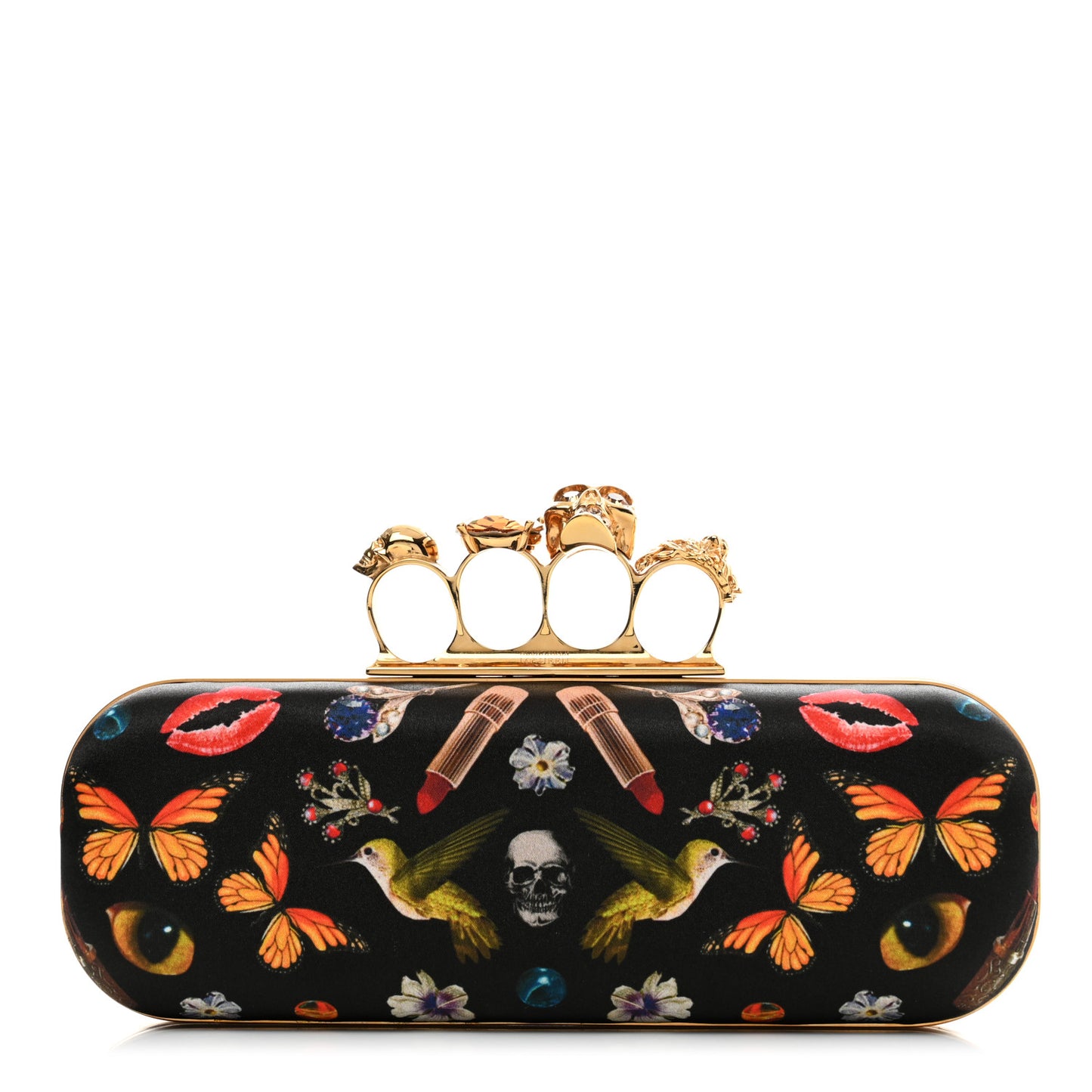 Silk Obsession Print Skull Knuckle Box Clutch Black