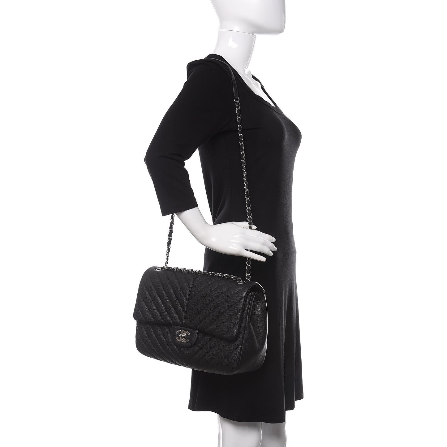 Caviar Chevron Quilted Large Puffy CC Flap Black