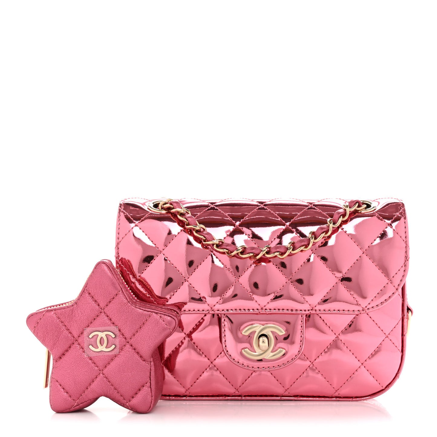 Mirror Calfskin Metallic Lambskin Quilted Hollywood Boulevard Mini Flap With Star Coin Purse Pink