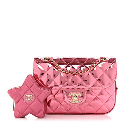 Chanel Mirror Calfskin Metallic Lambskin Quilted Hollywood Boulevard Mini Flap With Star Coin Purse Pink 3 of 12