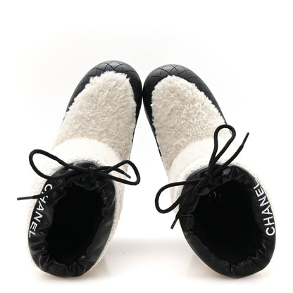 Chanel Tweed Shearling Sheepskin Drawstring Snow Ankle Boots 36 White 2 of 9