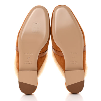 Hermes Suede Goatskin Woolskin Womens Oz Mules 37 Naturel 5 of 9