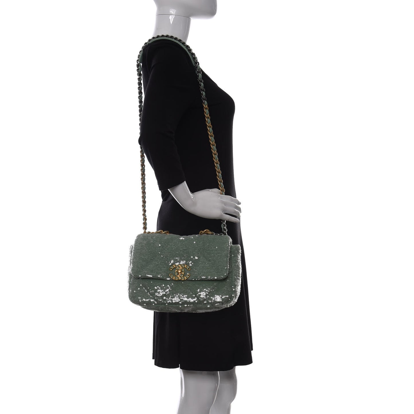 Sequin Quilted Medium Chanel 19 Flap Light Green