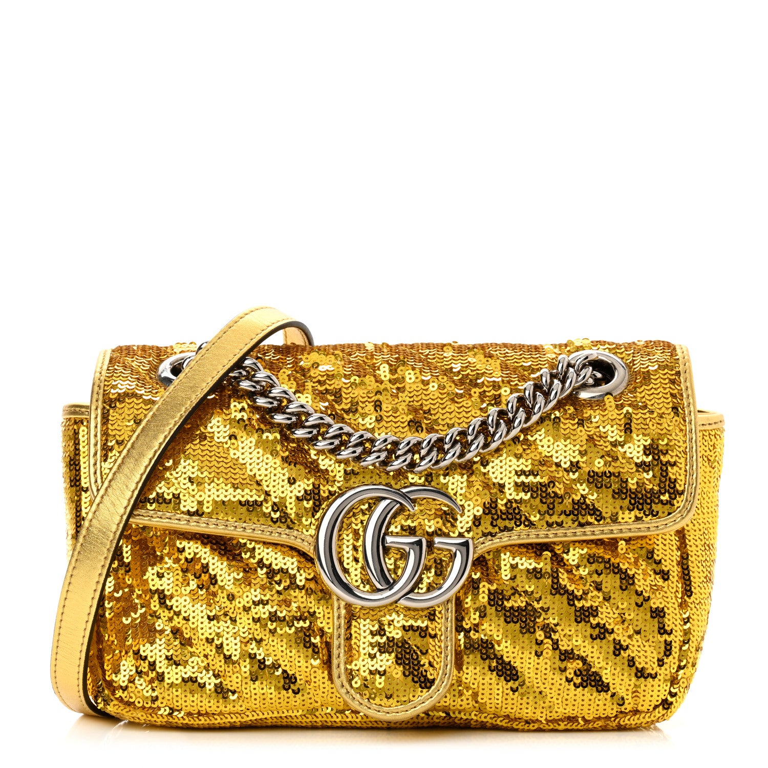 Gucci Sequin Matelasse Diagonal Mini GG Marmont Shoulder Bag Gold 1 of 10