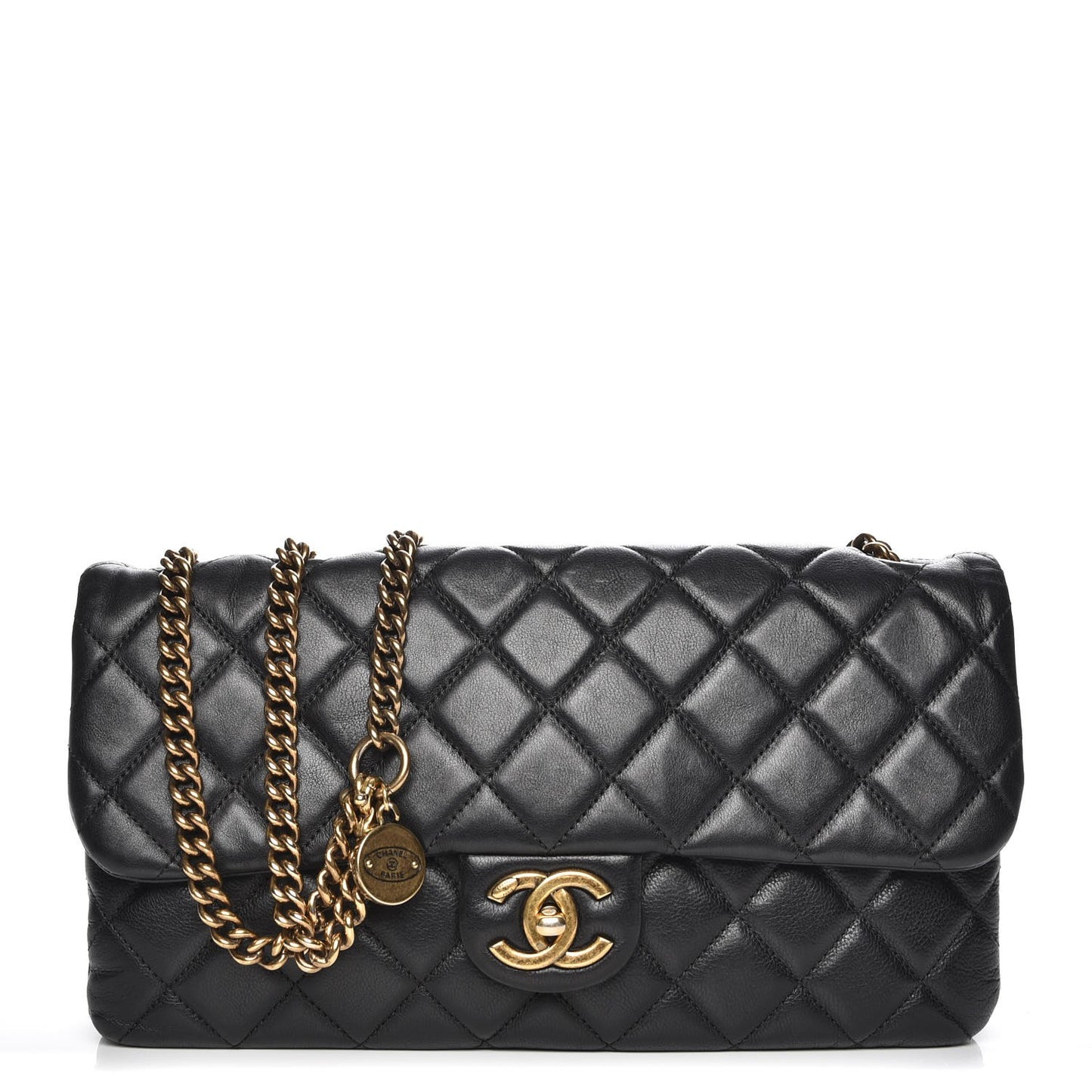 Calfskin Quilted Medium CC Crown Flap Black
