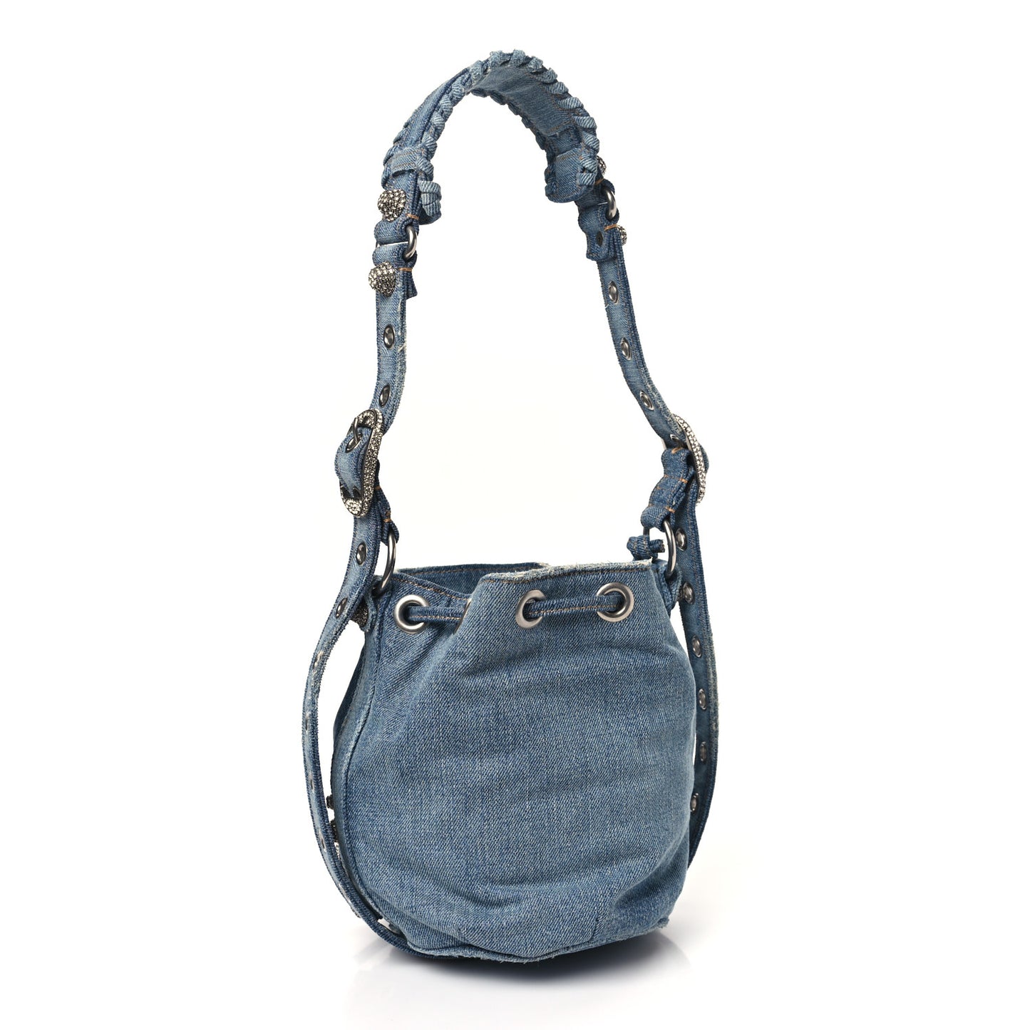 Washed Denim Crystal BB Monogram Le Cagole Bucket Bag XS Blue