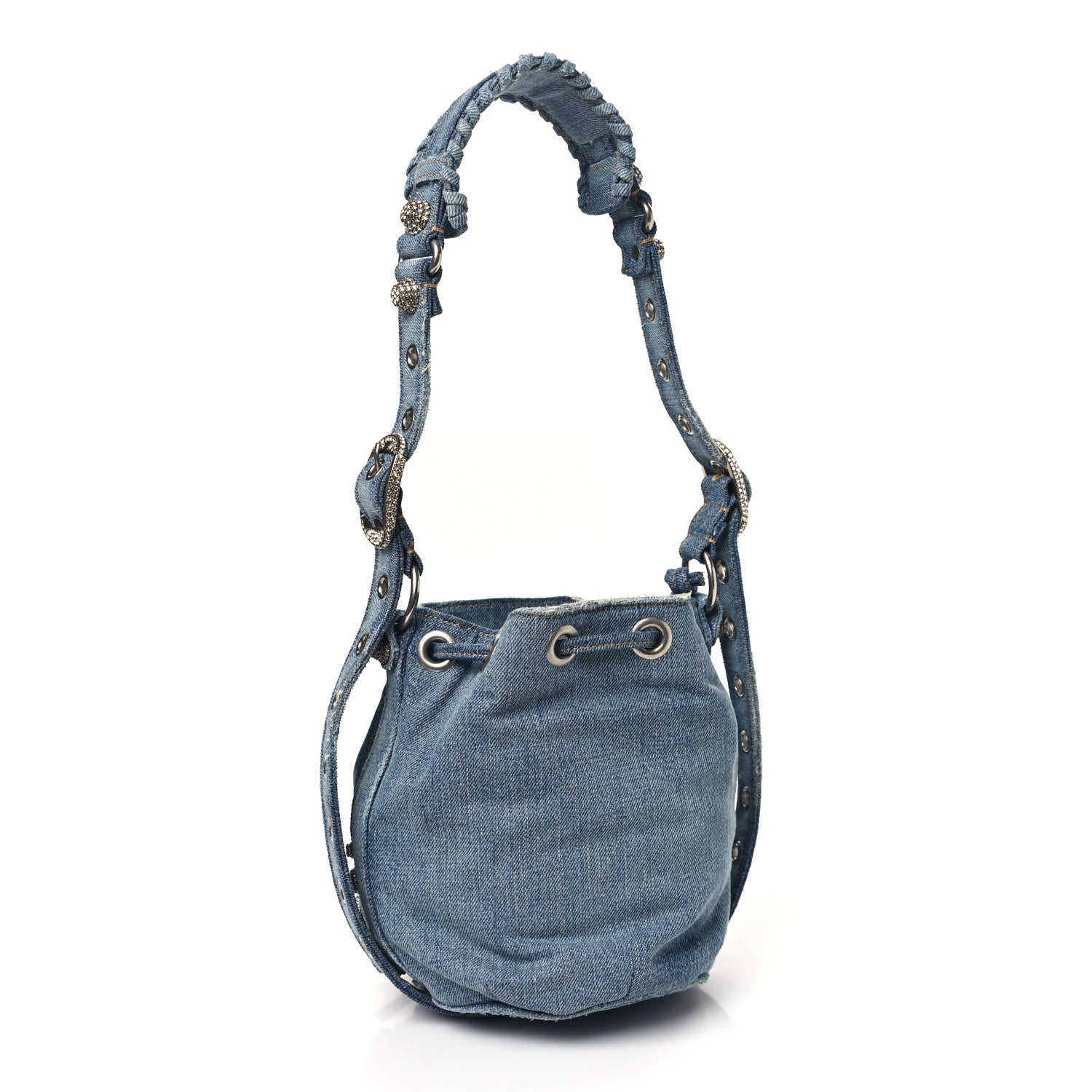 Balenciaga Washed Denim Crystal BB Monogram Le Cagole Bucket Bag XS Blue 3 of 10