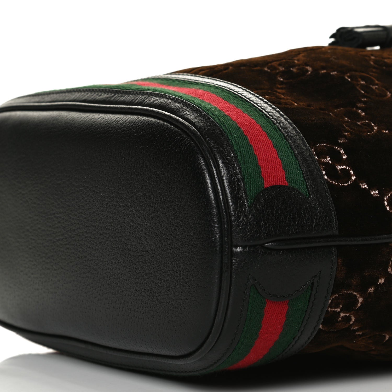 Gucci Velvet GG Monogram Textured Calfskin Web Bucket Bag Brown Black 20 of 25