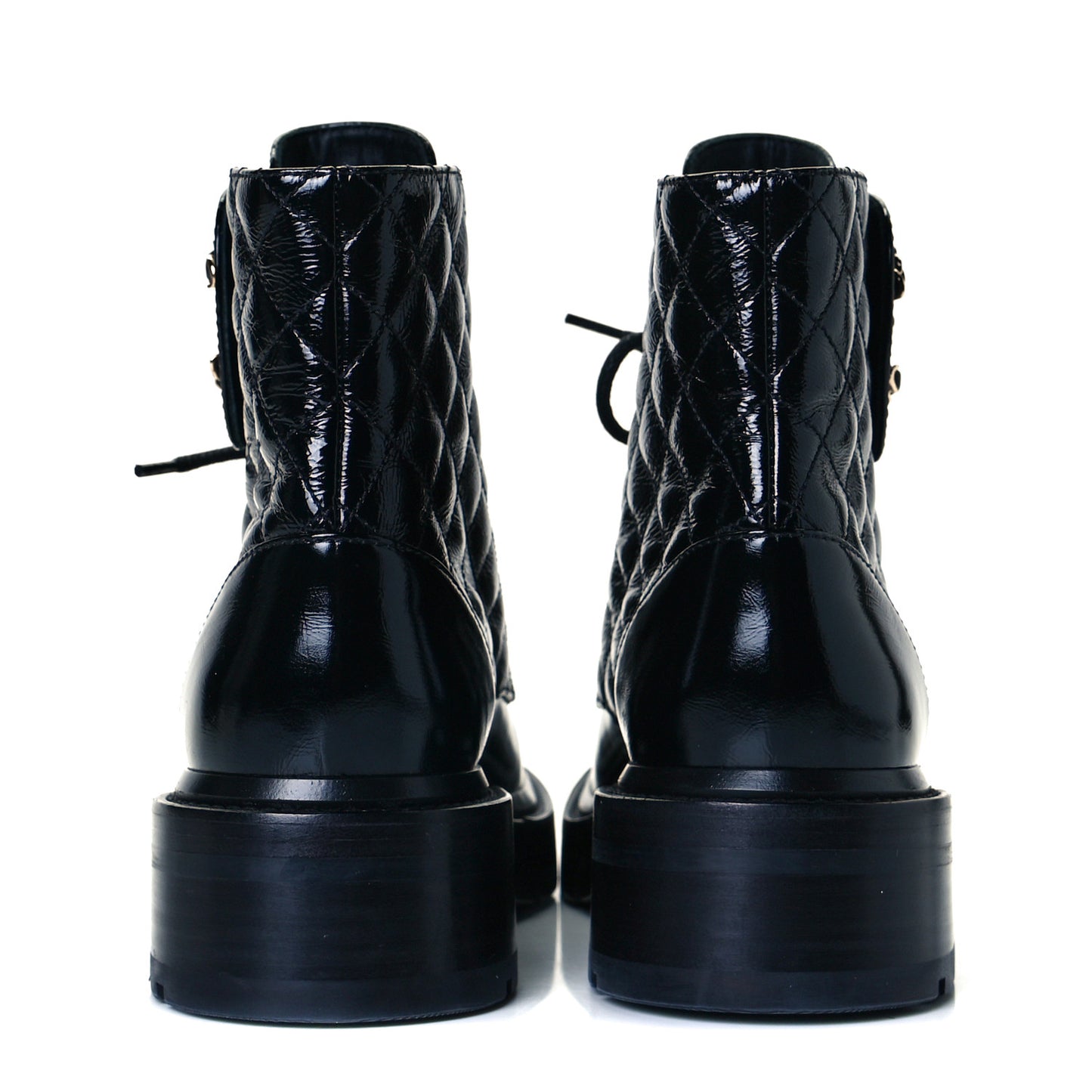 Shiny Calfskin Quilted Lace Up Combat Boots 36 Black
