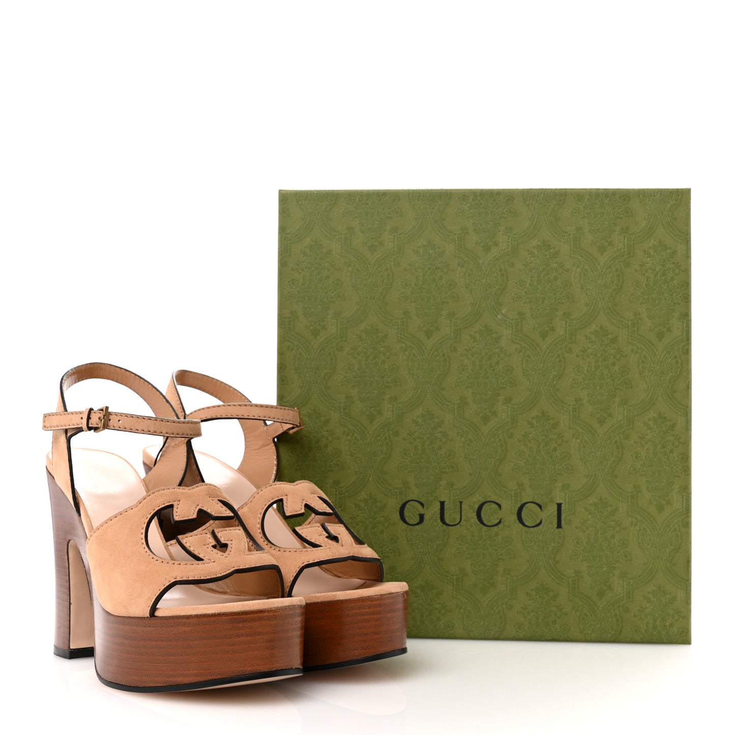 Kid Scamosciato Wooden Interlocking G Cut-Out 30/120mm Platform Sandals 38 Crystal Sand