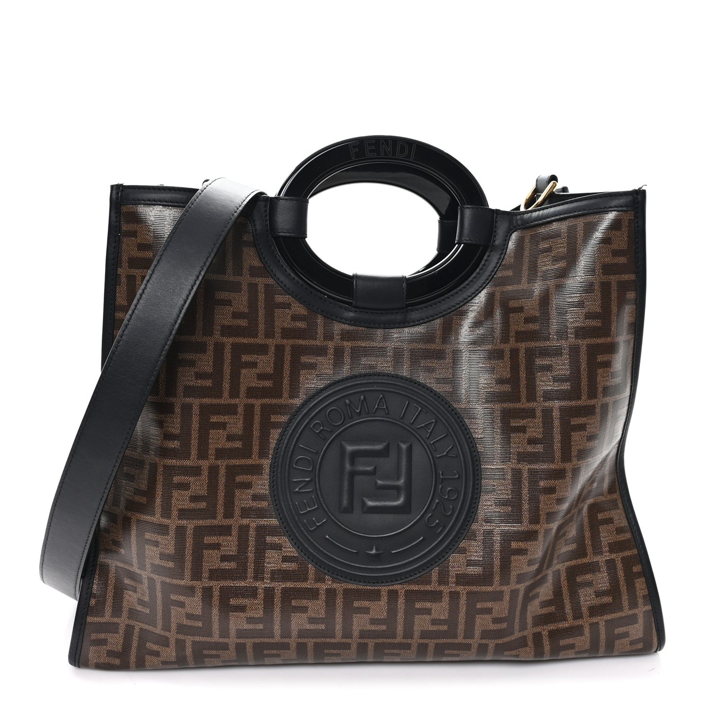 Glazed Fabric Vitello Century Plexiglass FF 1974 Stamp Patch Medium Runaway Shopper Tote Mogano Panna Black