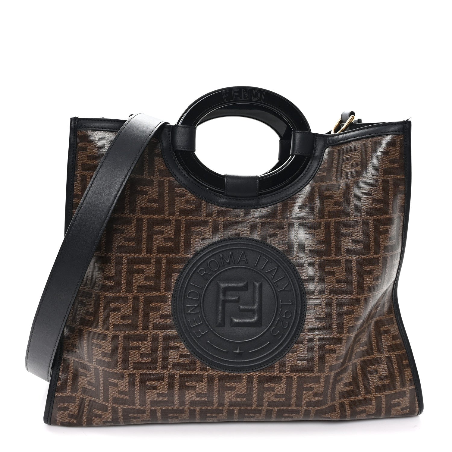 Fendi Glazed Fabric Vitello Century Plexiglass FF 1974 Stamp Patch Medium Runaway Shopper Tote Mogano Panna Black 1 of 12