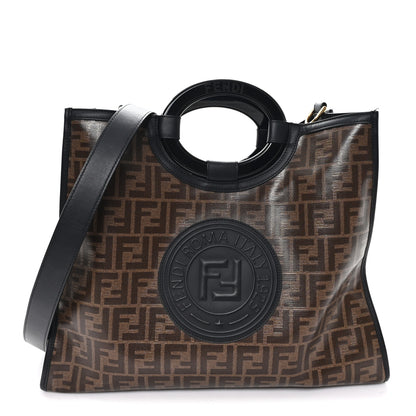 Fendi Glazed Fabric Vitello Century Plexiglass FF 1974 Stamp Patch Medium Runaway Shopper Tote Mogano Panna Black 1 of 12