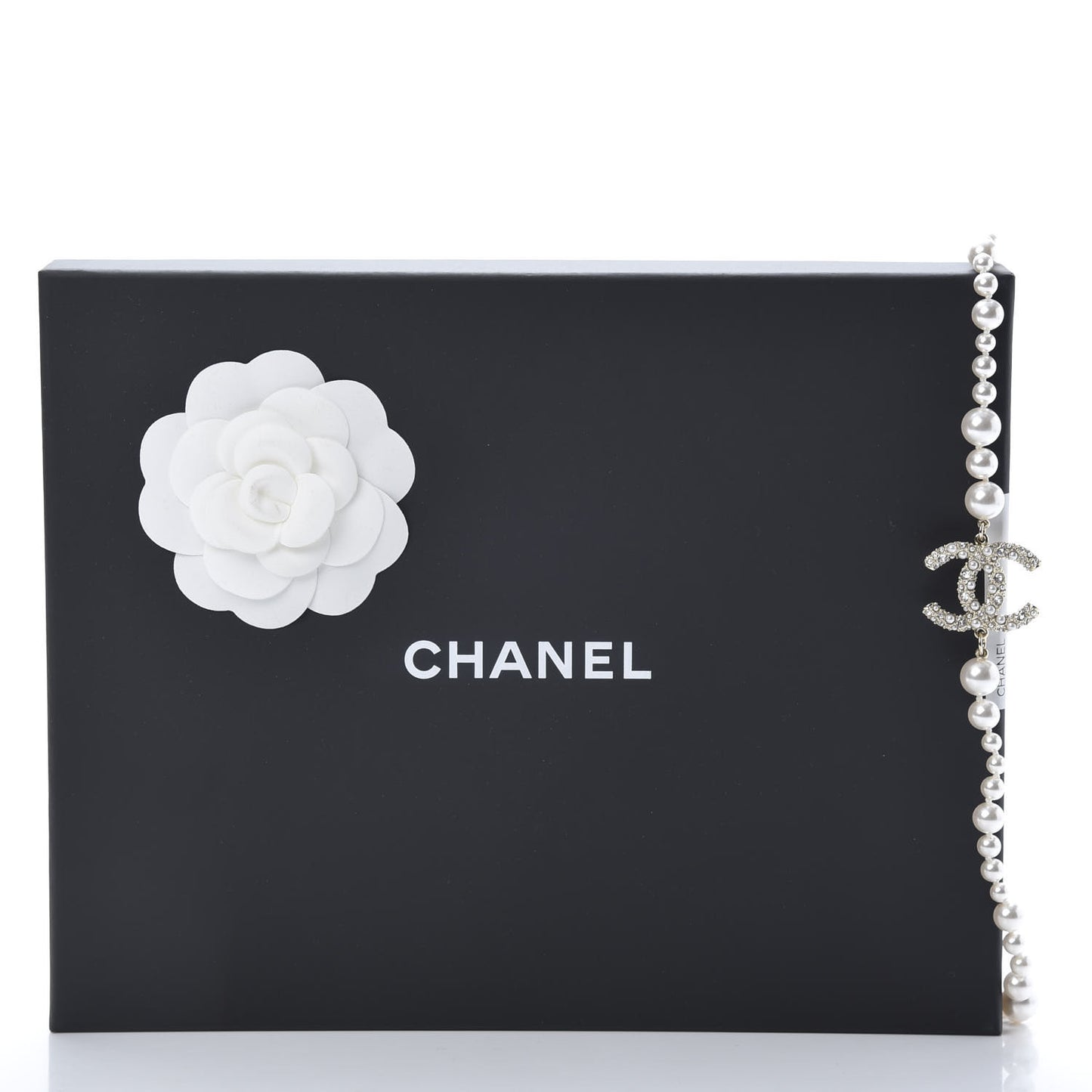 Pearl Baguette Crystal CC Long Necklace Silver