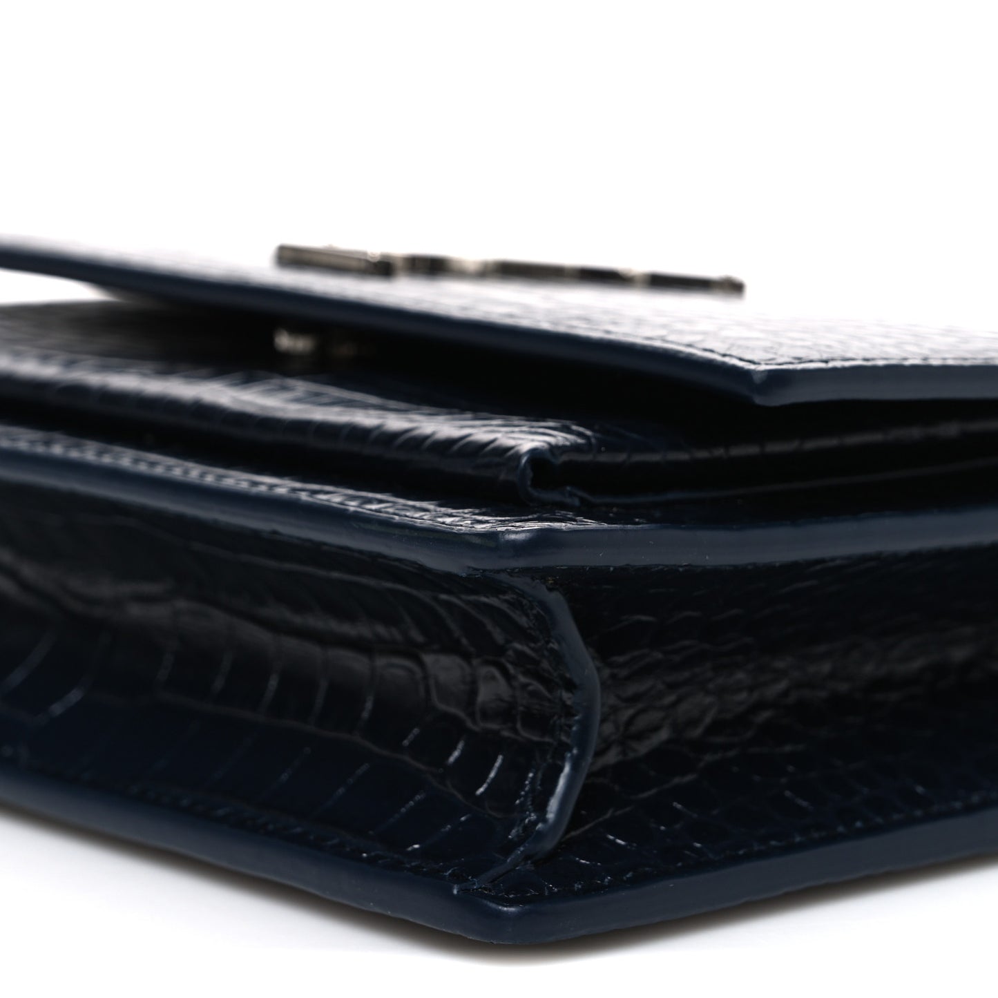Calfskin Crocodile Embossed Monogram Sunset Chain Wallet New Cobalt