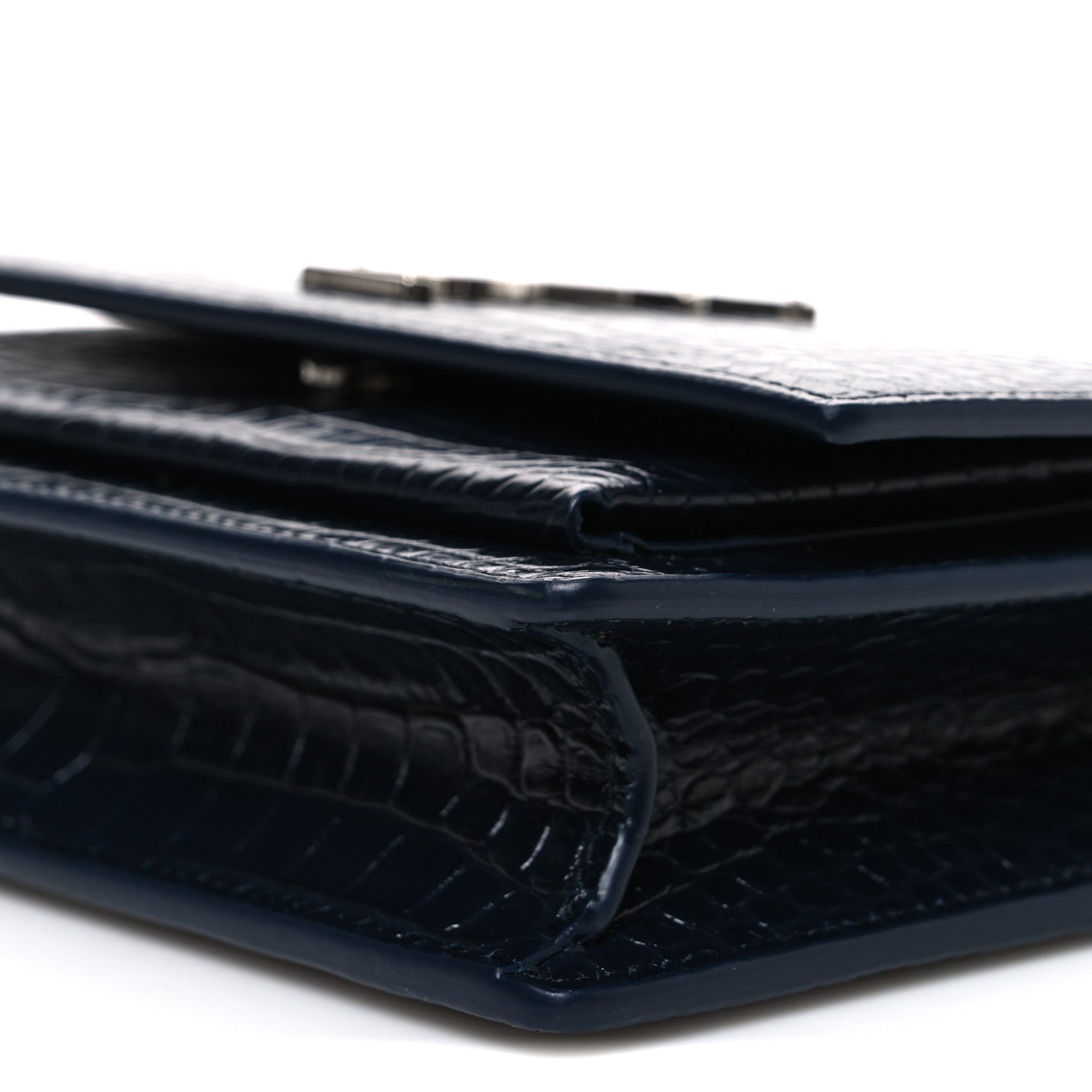 Saint Laurent Calfskin Crocodile Embossed Monogram Sunset Chain Wallet New Cobalt 9 of 9