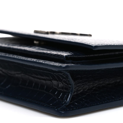 Saint Laurent Calfskin Crocodile Embossed Monogram Sunset Chain Wallet New Cobalt 9 of 9