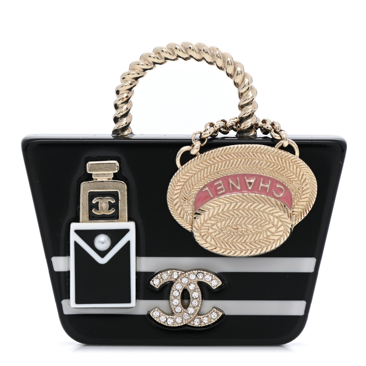 Chanel Resin Crystal Pearl Bag Hat Brooch Gold Black White 1 of 5
