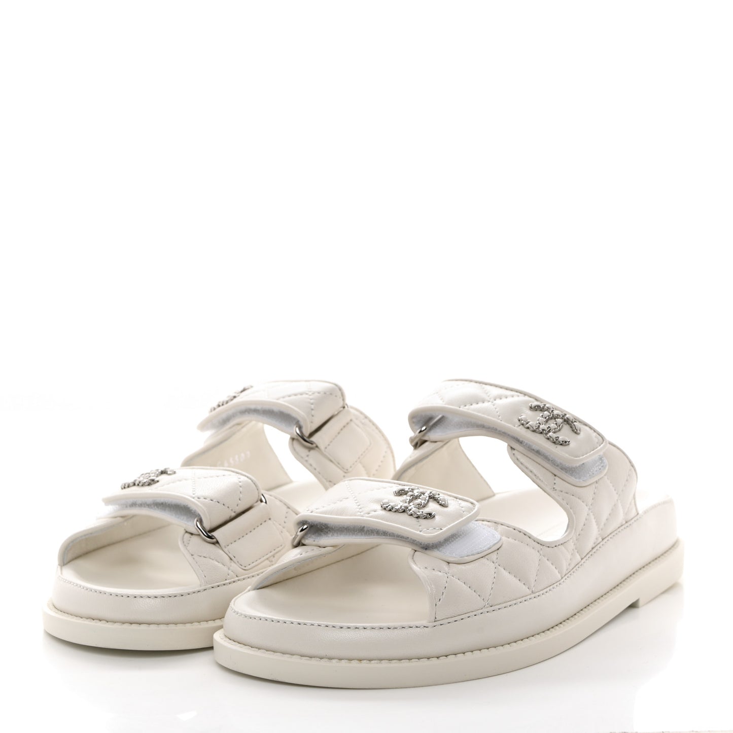 Lambskin Quilted Velcro Dad Chain CC Slide Sandals 36 White