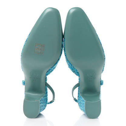 Chanel Tweed Lambskin Cap Toe CC Slingback Pumps 37 Blue Green 5 of 13