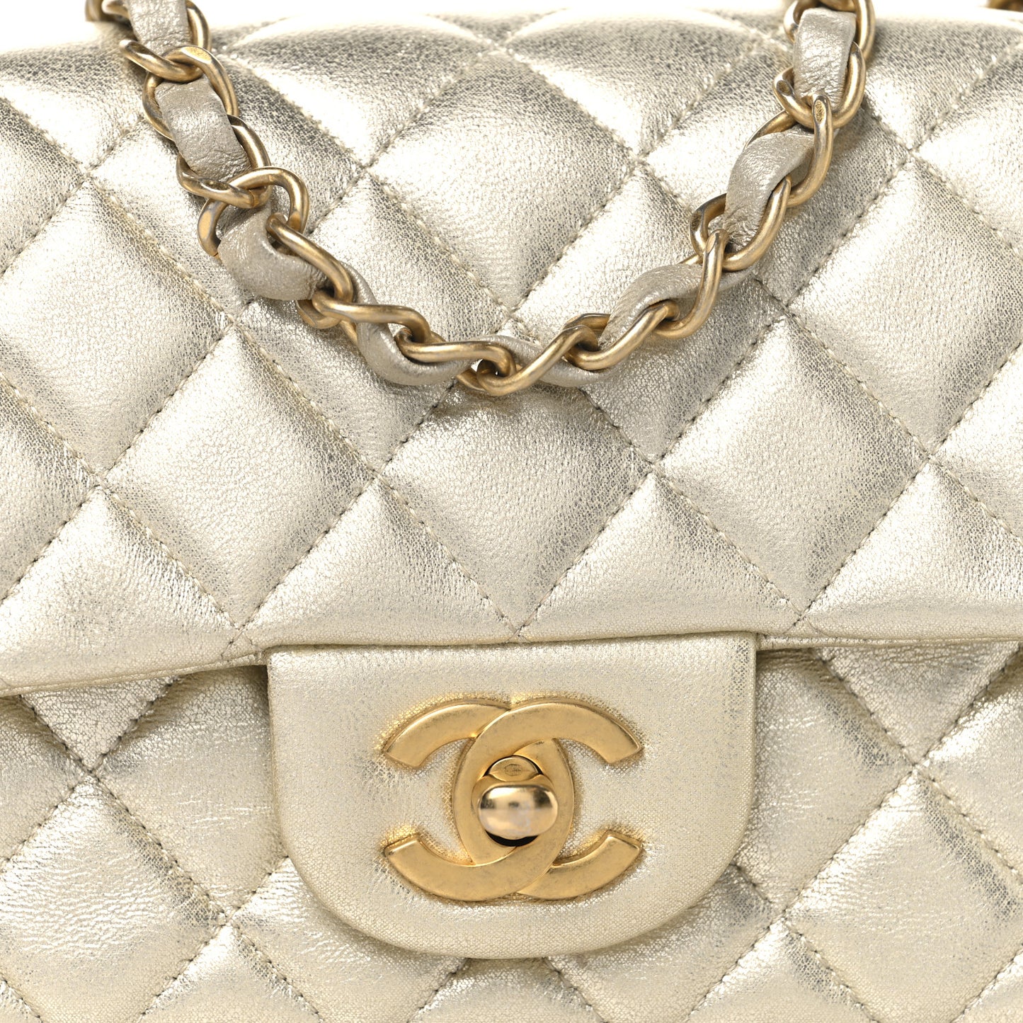 Metallic Lambskin Quilted Mini Rectangular Flap Gold