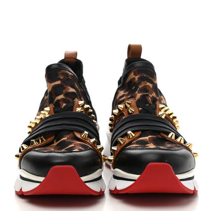 Christian Louboutin Calfskin Neoprene Leopard Studded Donna Flat Sneakers 35.5 Black Marron 2 of 10