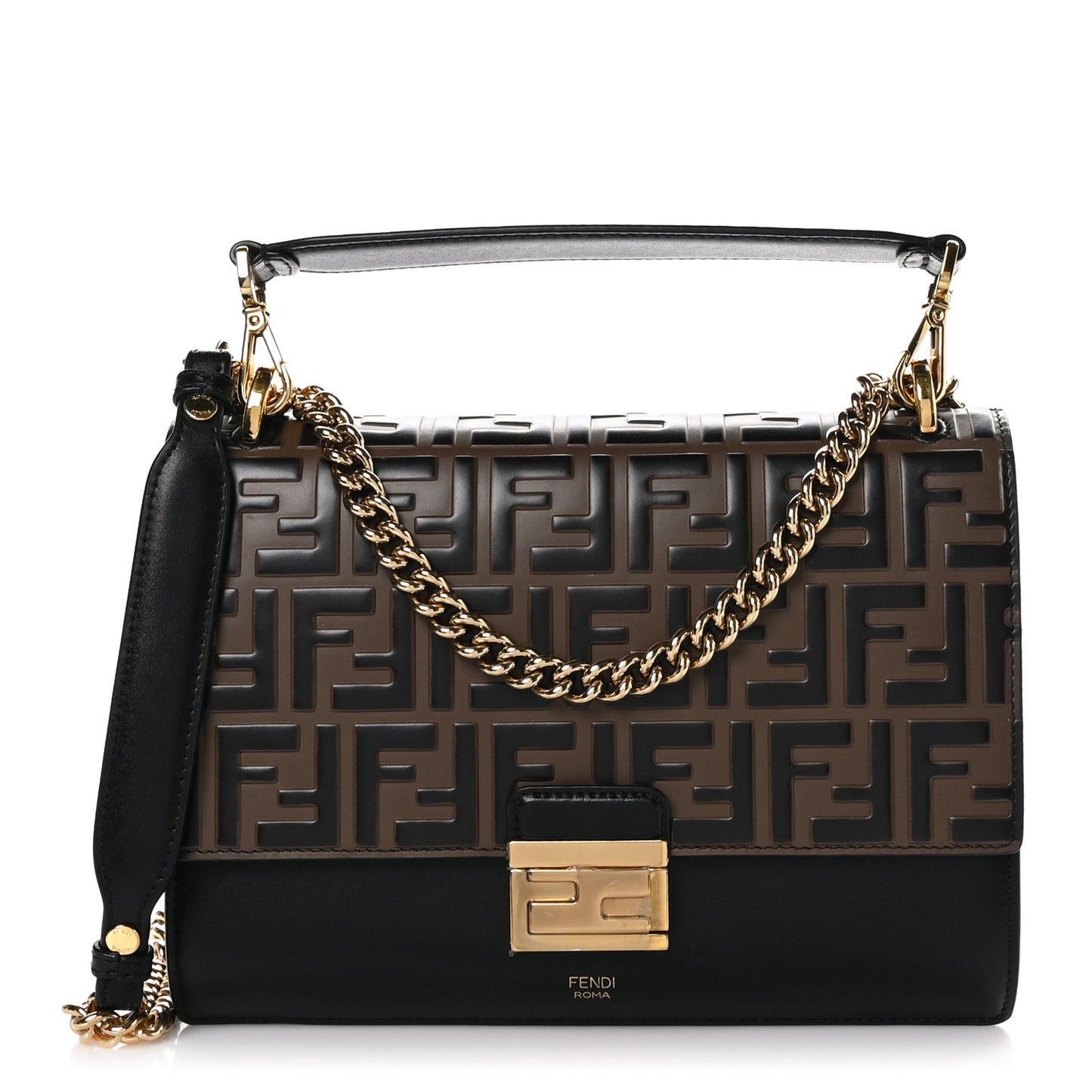 Vitello Liberty Bi-Color FF 1974 Embossed Chain Strap Kan U Shoulder Bag Black Maya