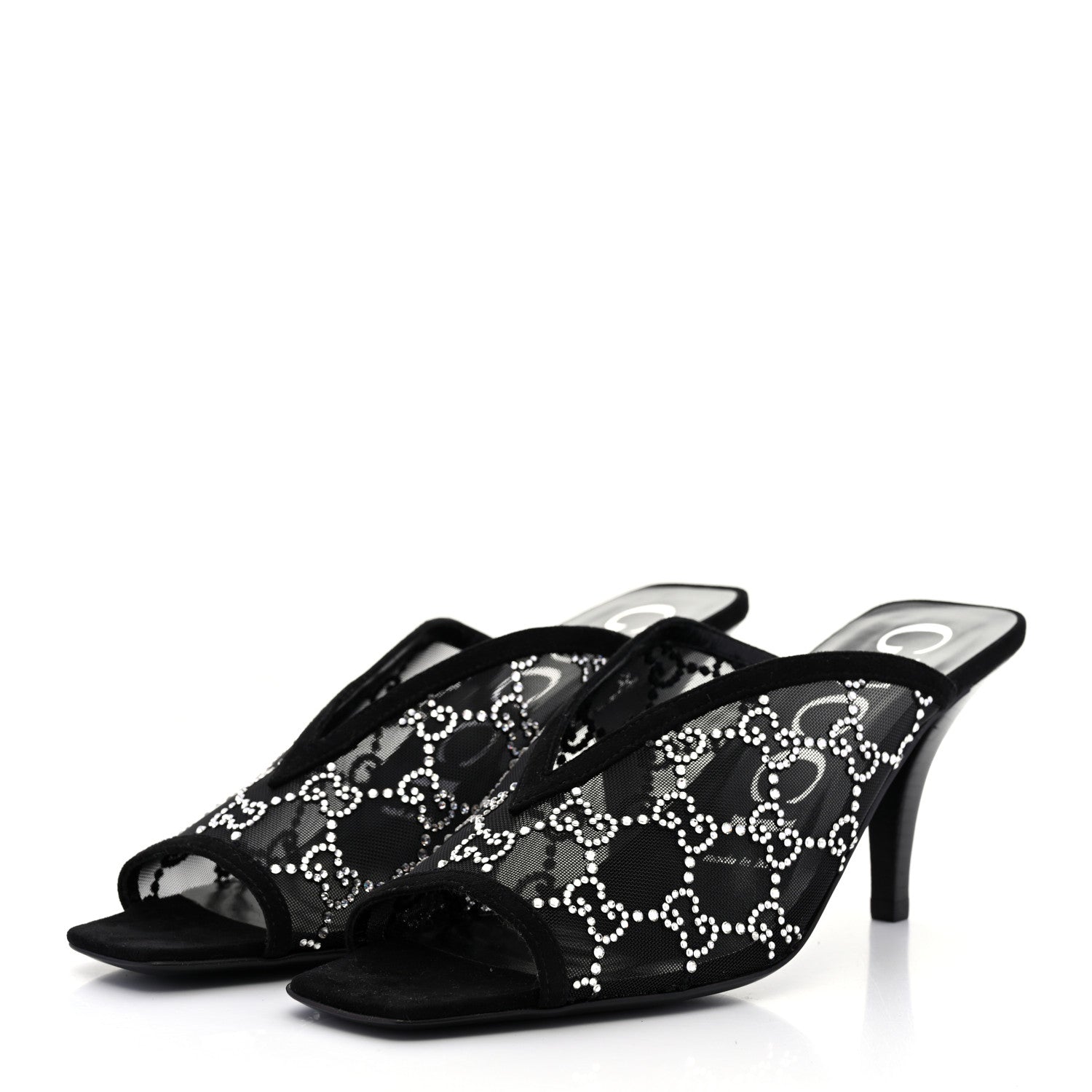 Gucci Tela Retino Kid Scamosciato Crystal GG Monogram Square G 95mm Slide Sandals 37.5 Black 3 of 8