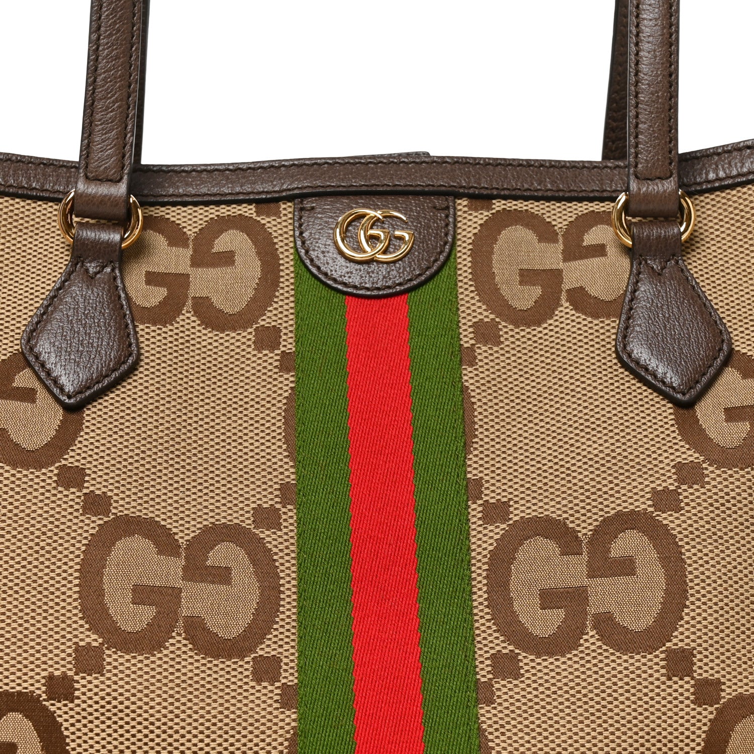 Gucci Monogram Jumbo GG Textured Dollar Calfskin Web Medium Ophidia Shopping Tote Camel Ebony 8 of 10
