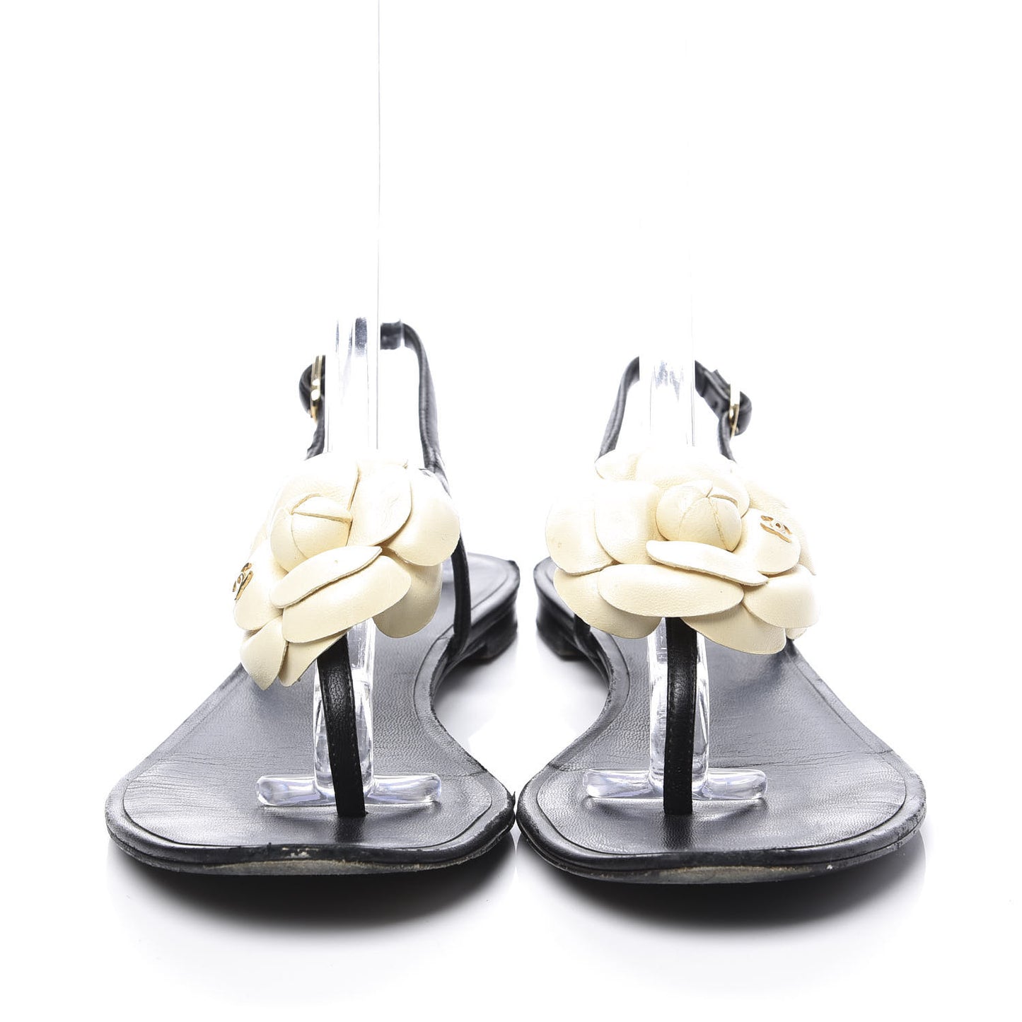 Lambskin Camellia Thong Sandals 37.5 Black White