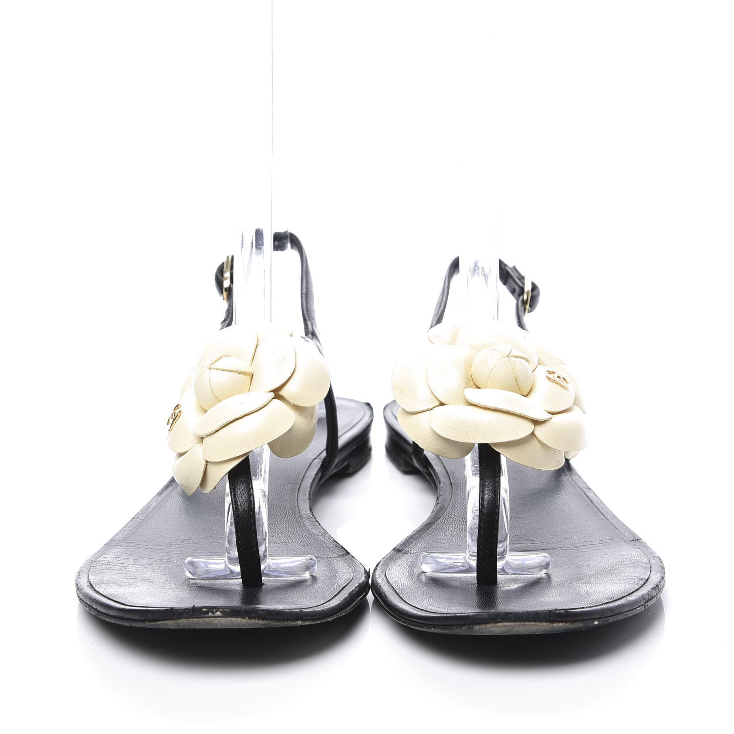Chanel Lambskin Camellia Thong Sandals 37.5 Black White 3 of 9