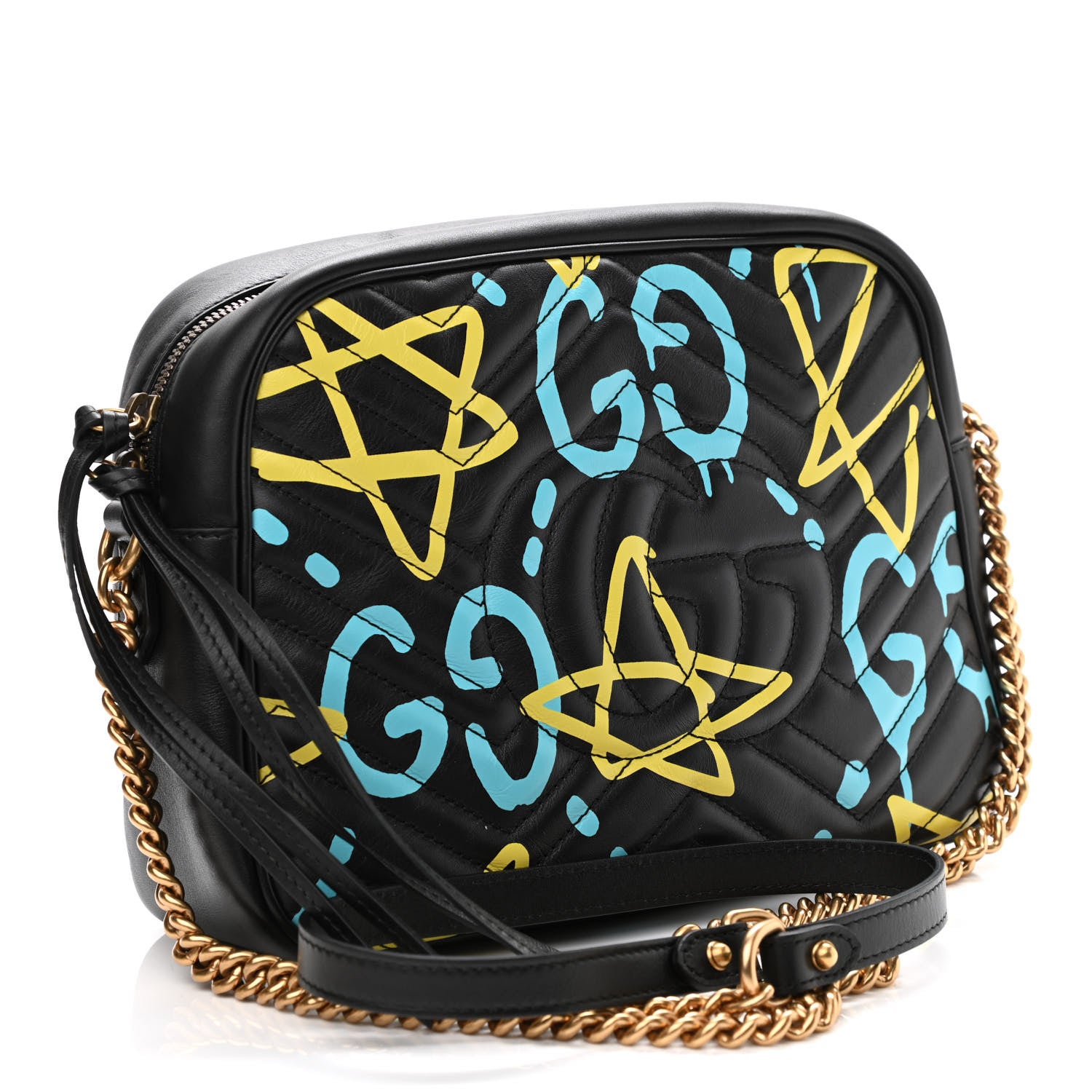 Gucci Calfskin Matelasse GucciGhost Medium GG Marmont Chain Shoulder Bag Black New Acquamarine 3 of 10