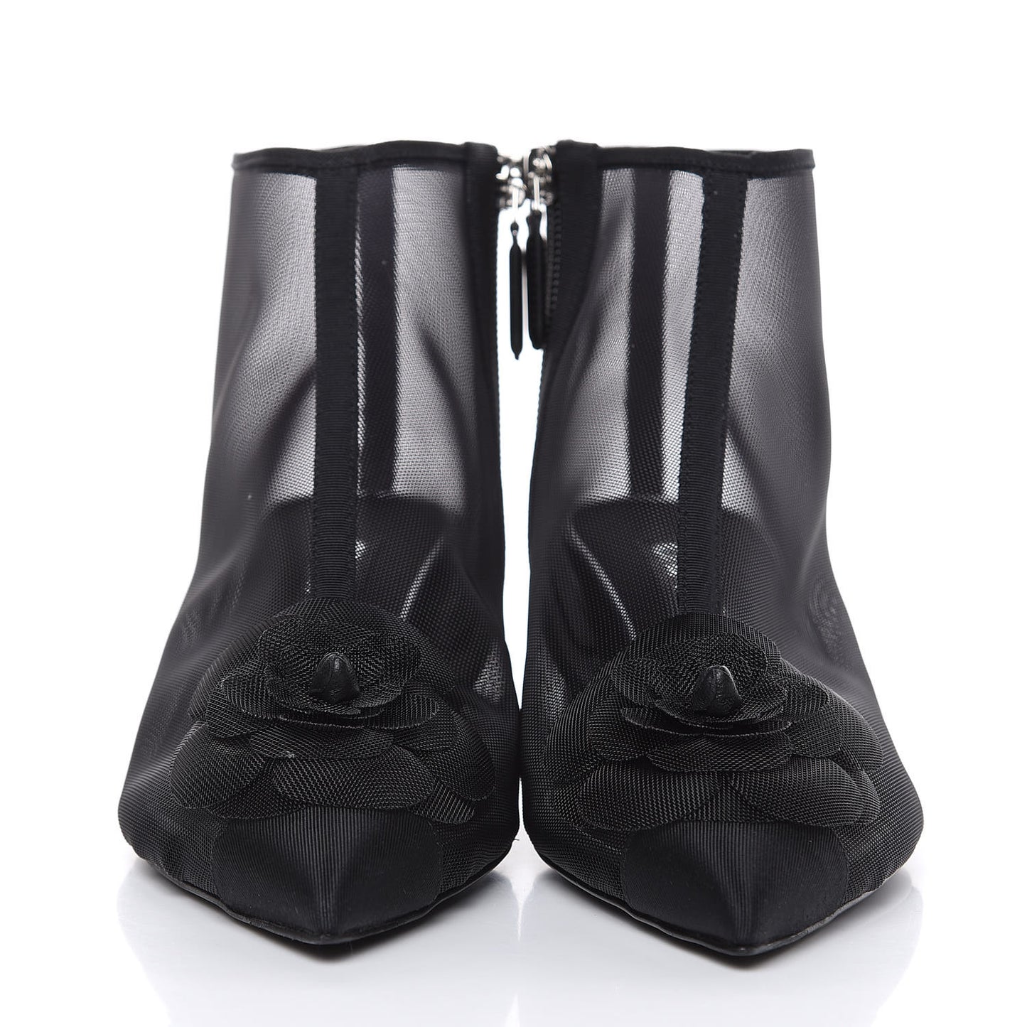 Mesh Grosgrain Camellia Short Boots 37.5 Black