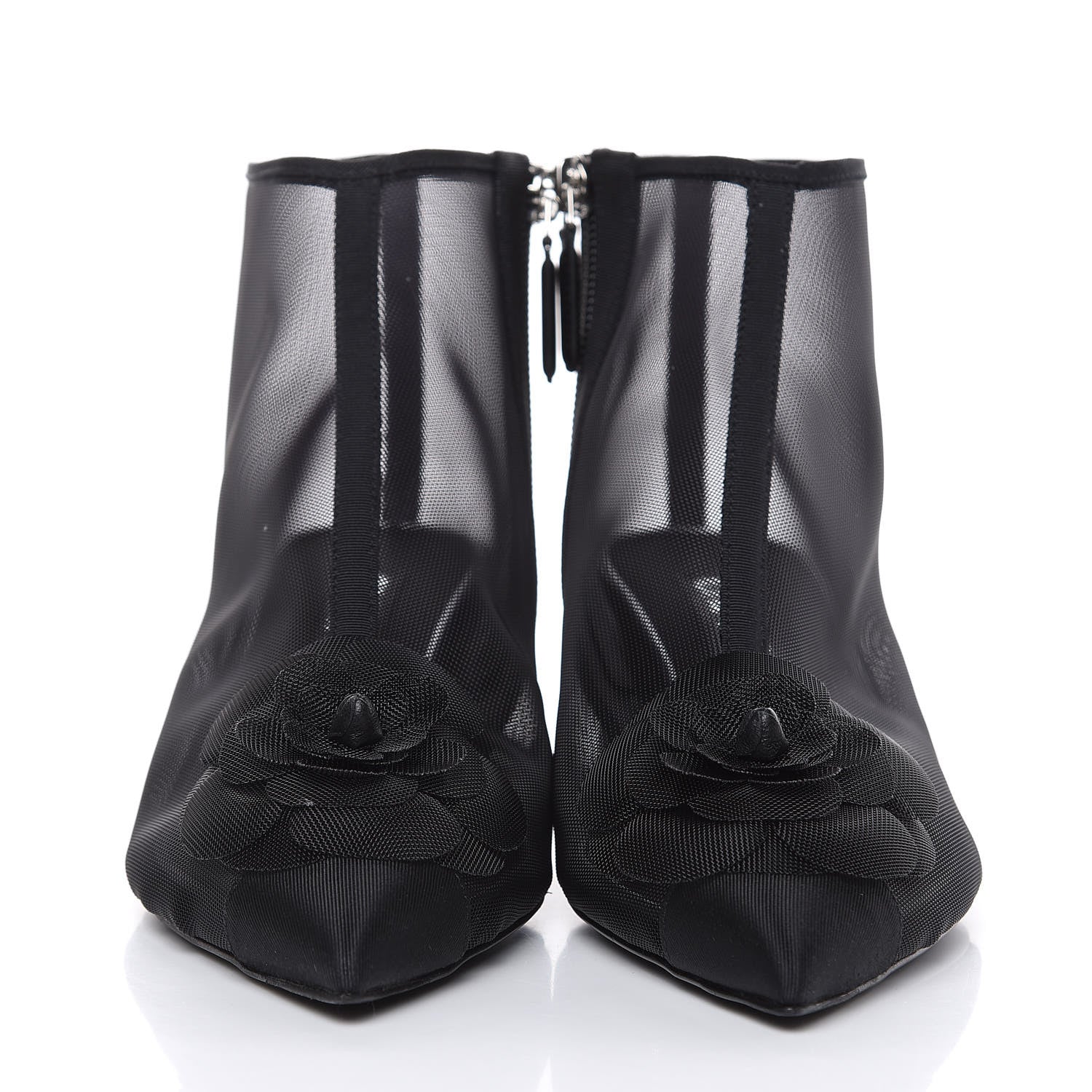 Chanel Mesh Grosgrain Camellia Short Boots 37.5 Black 2 of 8