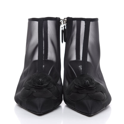 Chanel Mesh Grosgrain Camellia Short Boots 37.5 Black 2 of 8