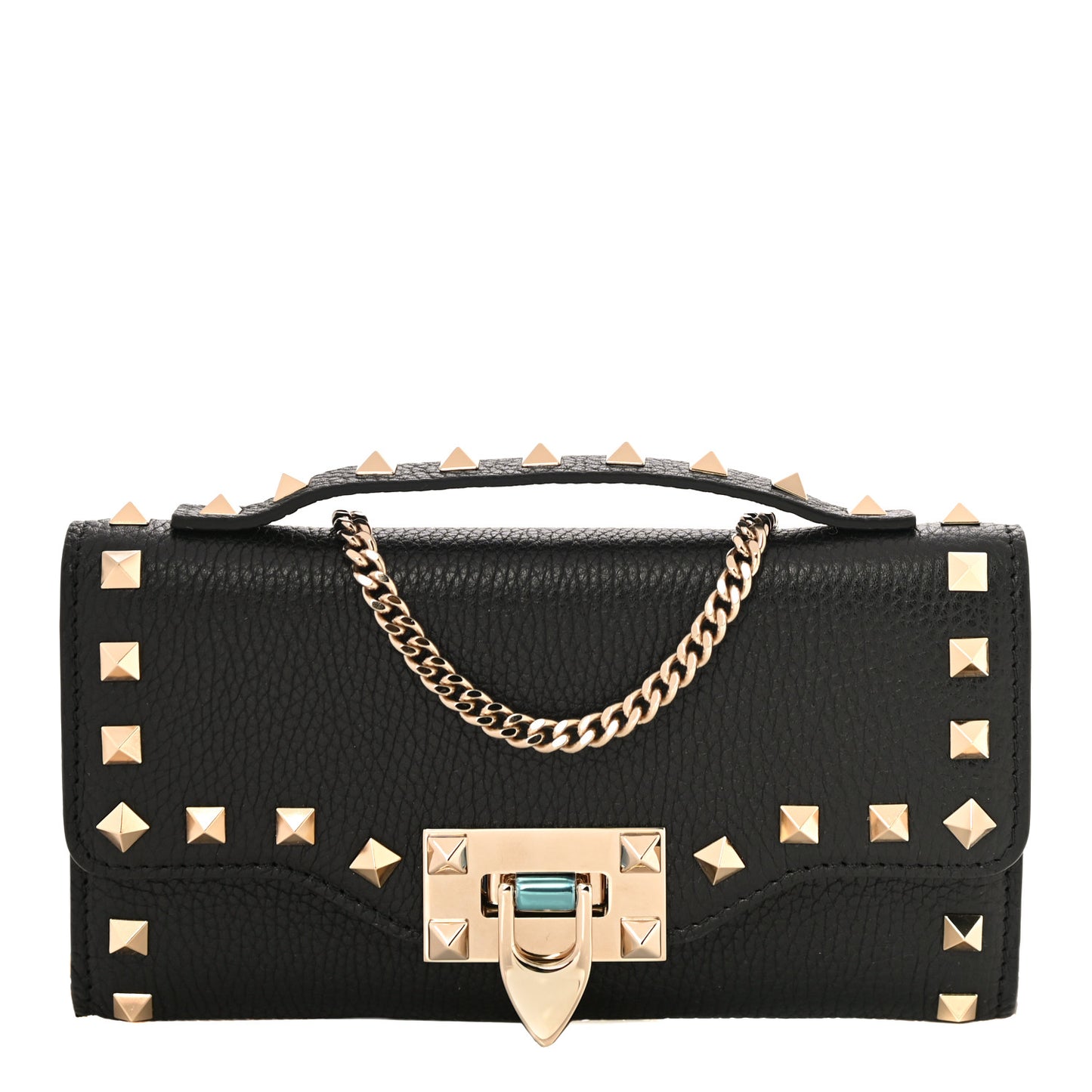 Pebbled Calfskin Rockstud Flip Lock Wallet On Chain Black