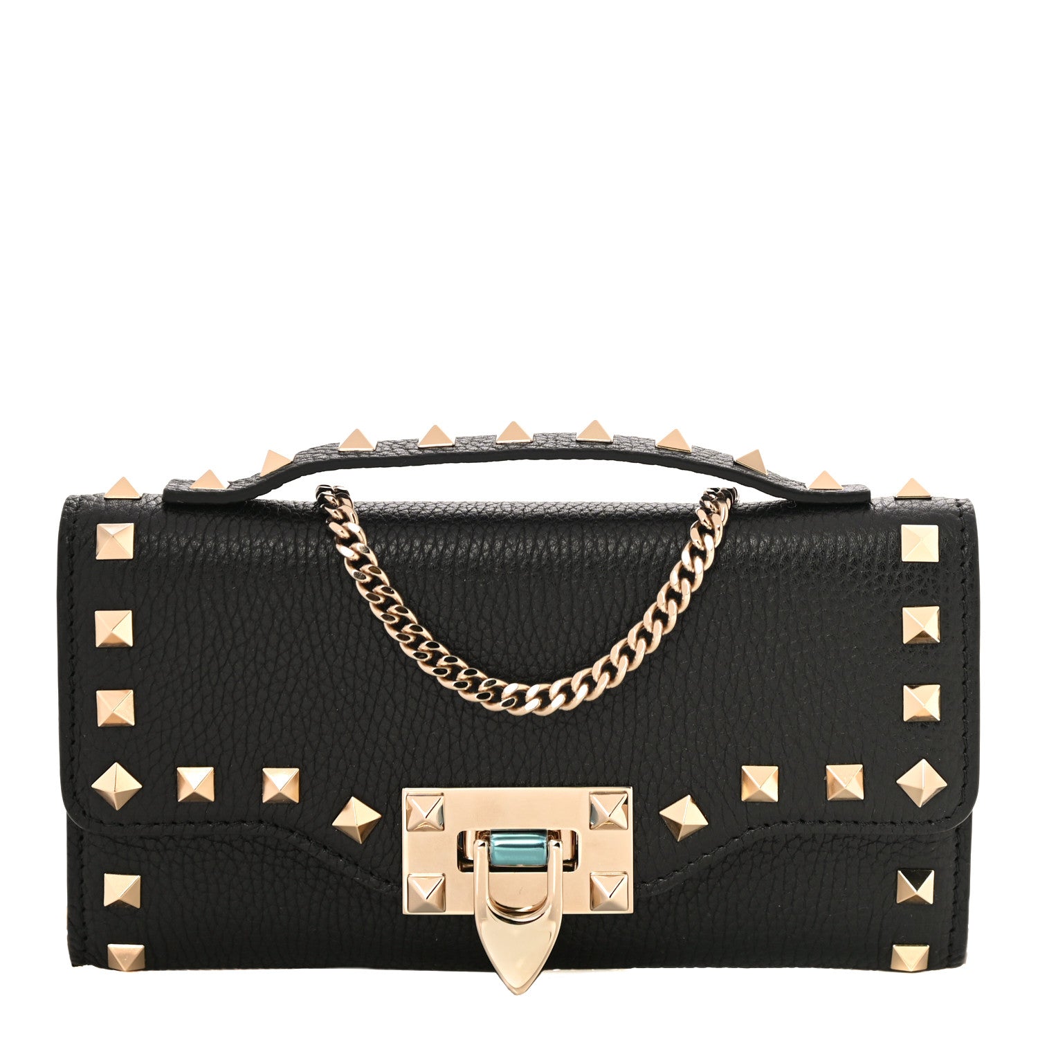 Valentino Garavani Pebbled Calfskin Rockstud Flip Lock Wallet On Chain Black 1 of 9