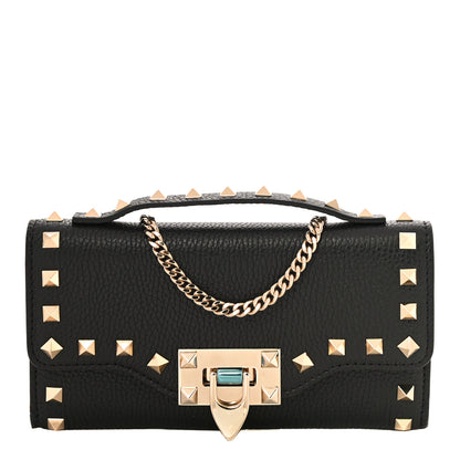 Valentino Garavani Pebbled Calfskin Rockstud Flip Lock Wallet On Chain Black 1 of 9