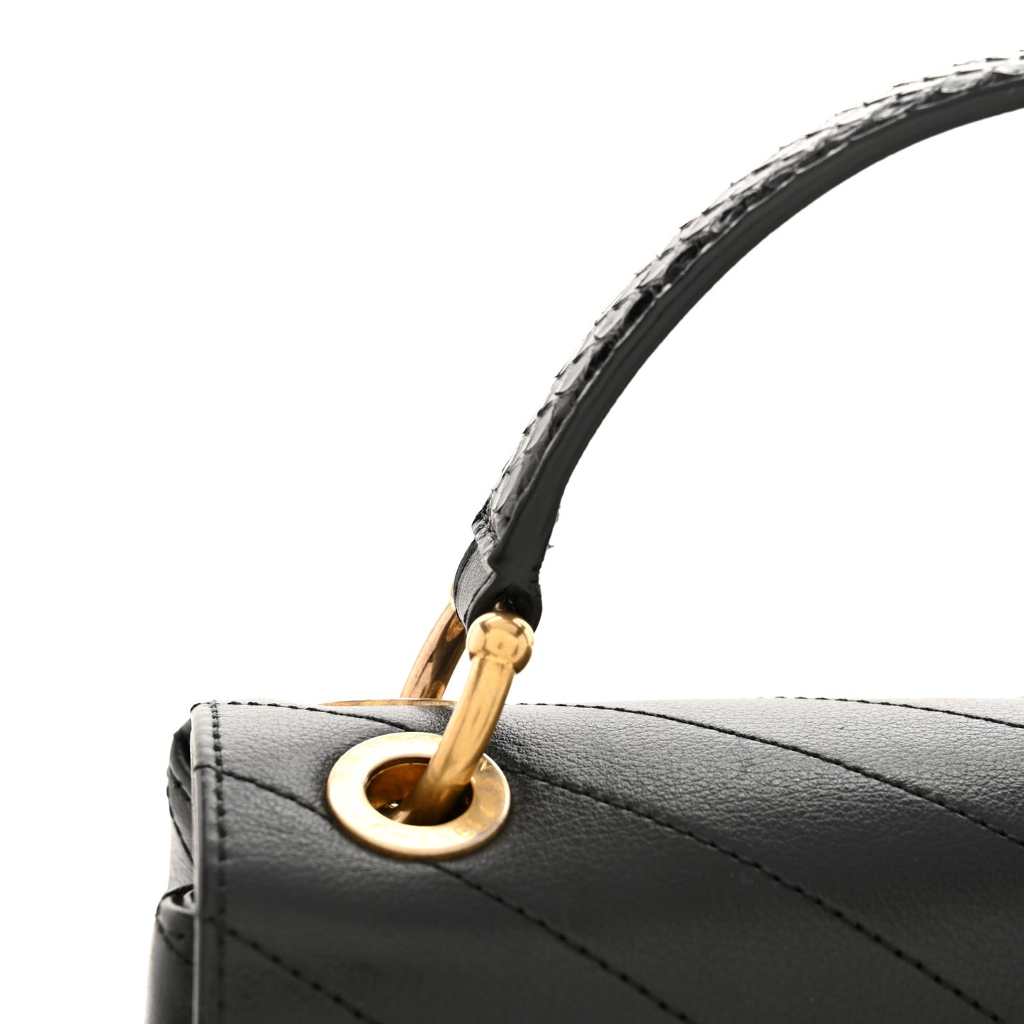 Grained Calfskin Snakeskin Small Chevron Chic Top Handle Flap Black
