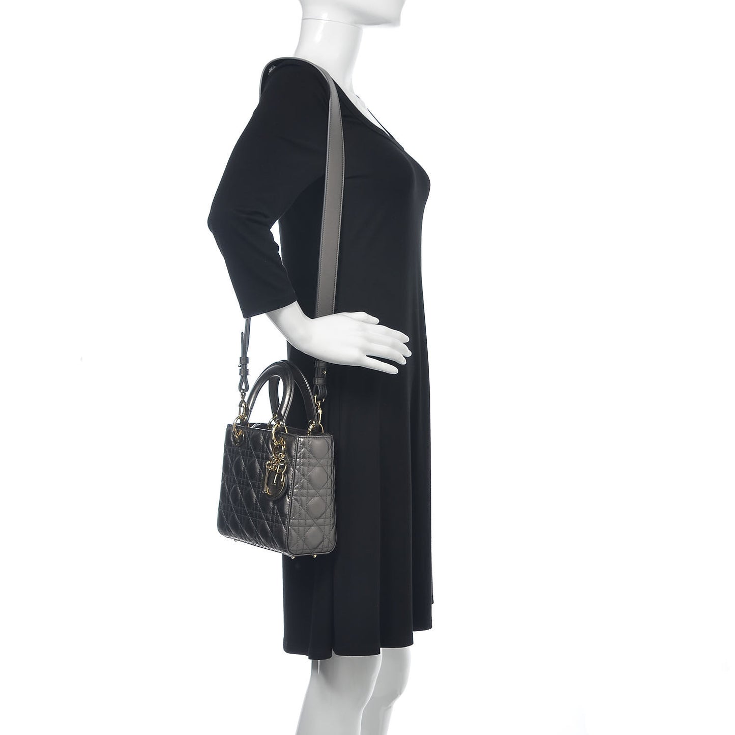 Metallic Grained Calfskin Cannage Small Lady Dior Gunmetal