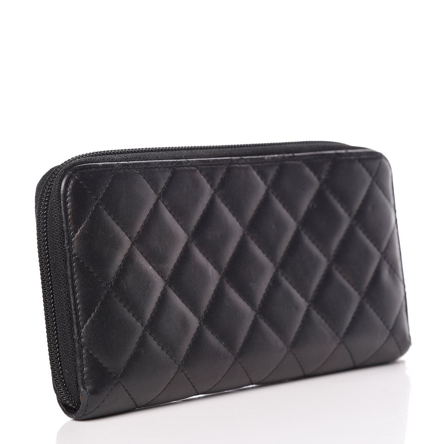 Calfskin Quilted Cambon Large Gusset Zip Around Wallet Black Silver