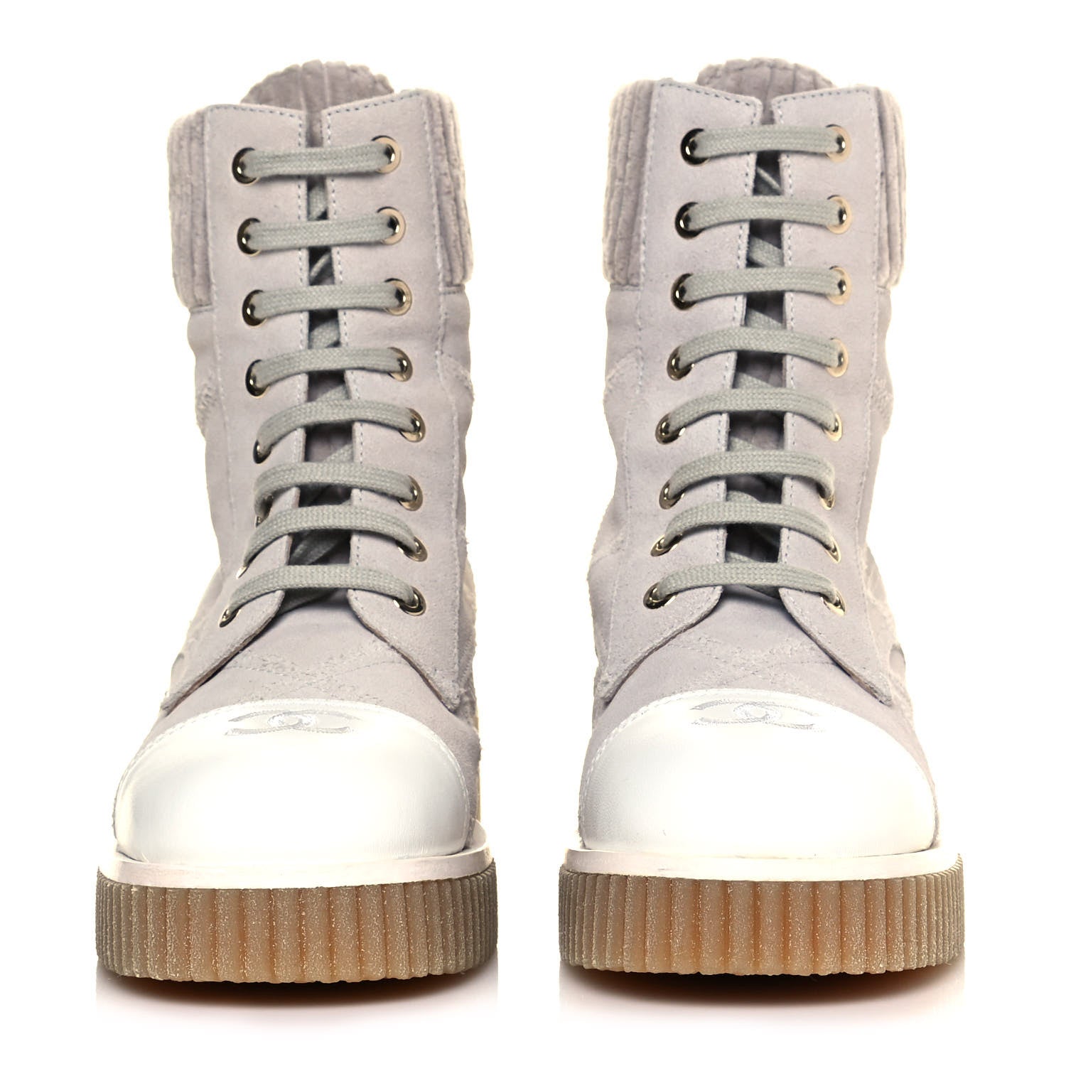 Chanel Suede Calfskin Velvet Quilted CC Combat Boots 36 Grey 2 of 8