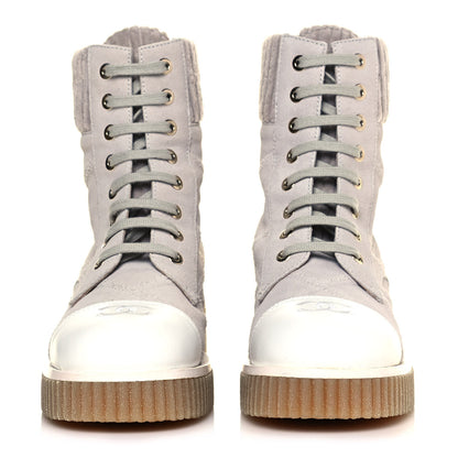 Chanel Suede Calfskin Velvet Quilted CC Combat Boots 36 Grey 2 of 8