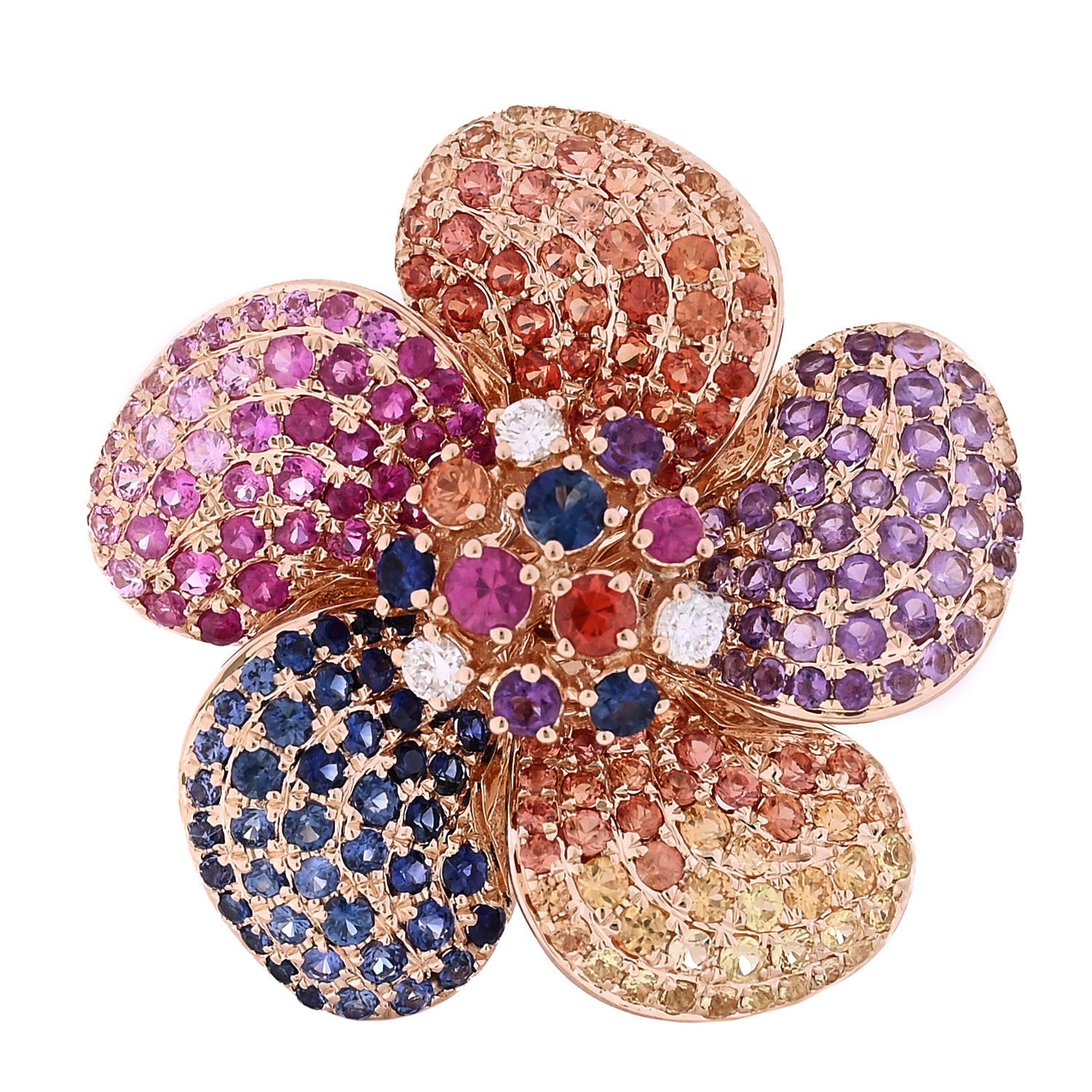 Parker & West by FASHIONPHILE 18K Rose Gold Diamond Rainbow Sapphire Floral Cocktail Ring 54 6.75 1 of 10
