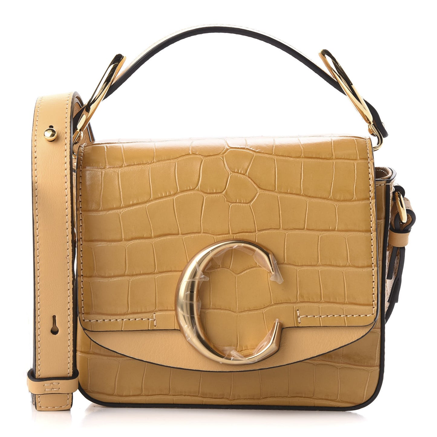 Calfskin Crocodile Embossed Mini C Double Carry Honey Gold